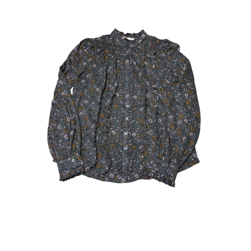 Boden Floral Ruffle Button Down‎ Blouse Grey Pink Yellow Cotton Tencel US 6R